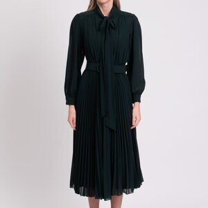 NWT MIKAEL AGHAL Crepe Midi Flare Dress - Size 8, Pleated with Belt, Dark Green